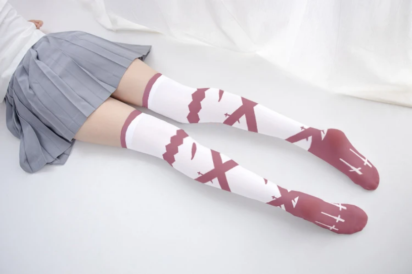 Gothic Cross Print Knee-High Socks with Bow