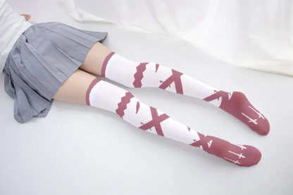 Gothic Cross Print Knee-High Socks with Bow