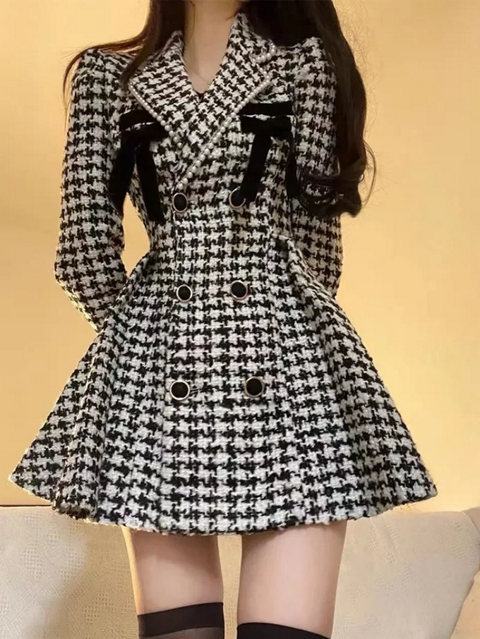 Chic Houndstooth Coat with Bows