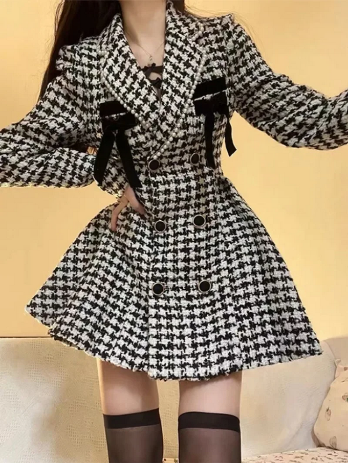 Chic Houndstooth Coat with Bows