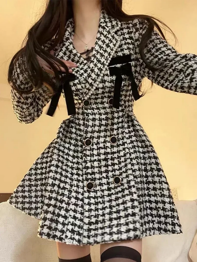 Chic Houndstooth Coat with Bows
