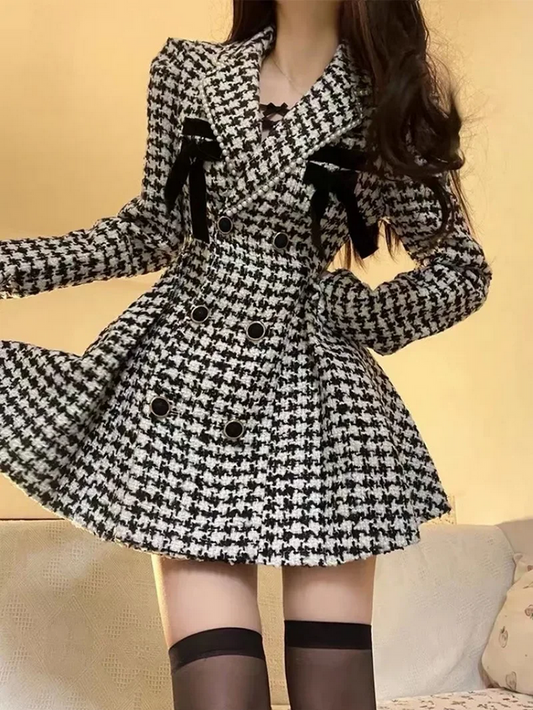 Chic Houndstooth Coat with Bows