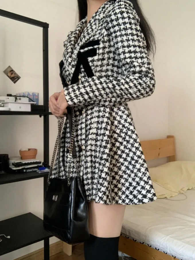 Chic Houndstooth Coat with Bows