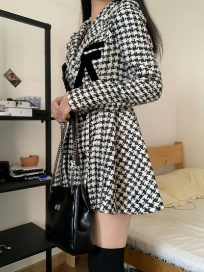 Chic Houndstooth Coat with Bows