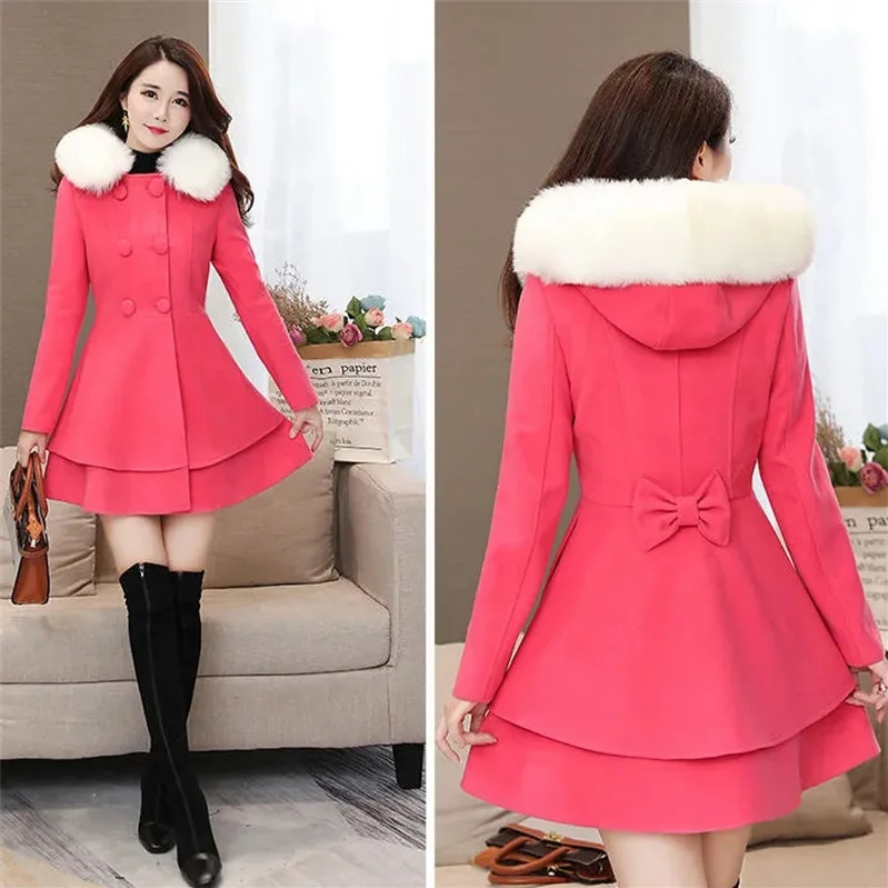 Sweet Fur-Trimmed Hooded Coat with Bow Detail