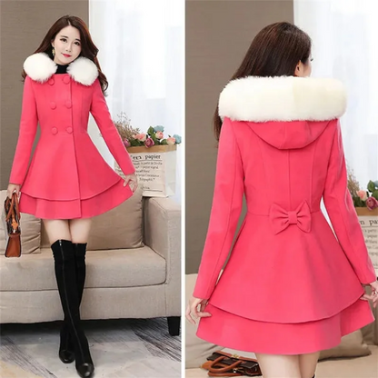 Sweet Fur-Trimmed Hooded Coat with Bow Detail