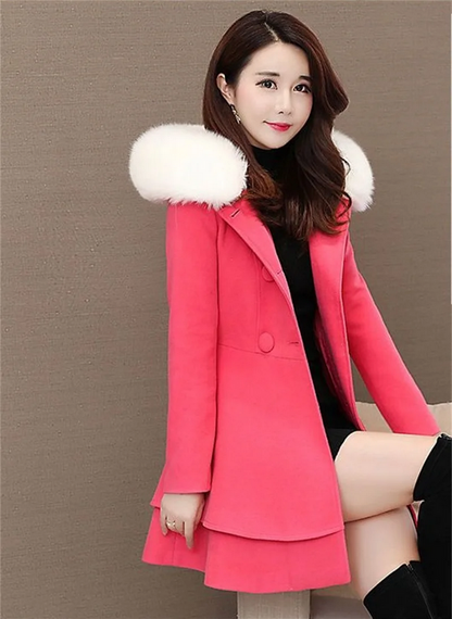 Sweet Fur-Trimmed Hooded Coat with Bow Detail