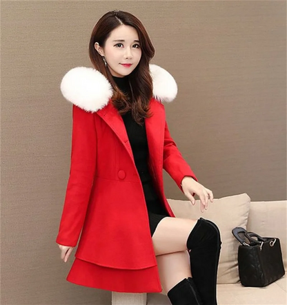 Sweet Fur-Trimmed Hooded Coat with Bow Detail