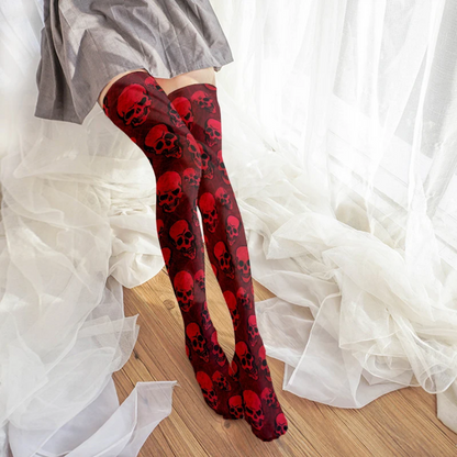 Bold Red Skull Print Thigh-High Socks