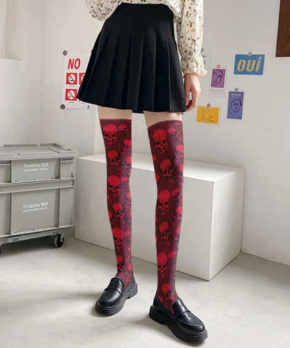 Bold Red Skull Print Thigh-High Socks