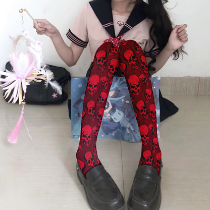 Bold Red Skull Print Thigh-High Socks