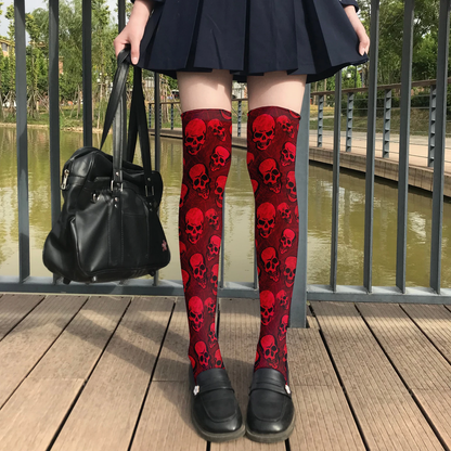 Bold Red Skull Print Thigh-High Socks