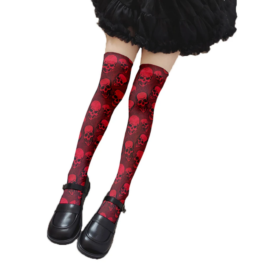 Bold Red Skull Print Thigh-High Socks