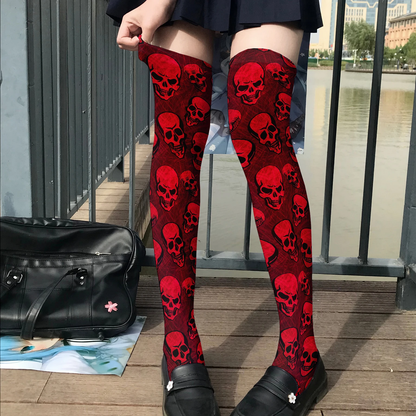 Bold Red Skull Print Thigh-High Socks