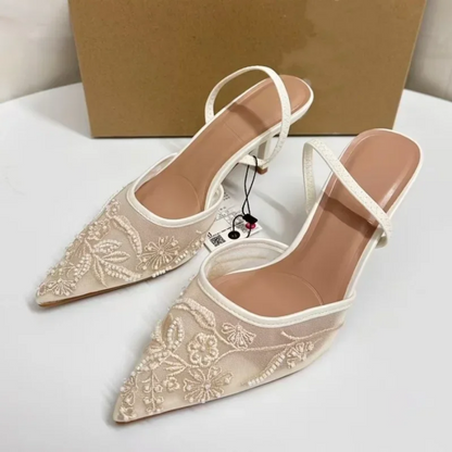 Elegant Pearl & Lace Embellished Slingback Flats