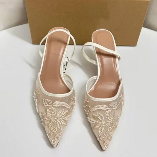 Elegant Pearl & Lace Embellished Slingback Flats