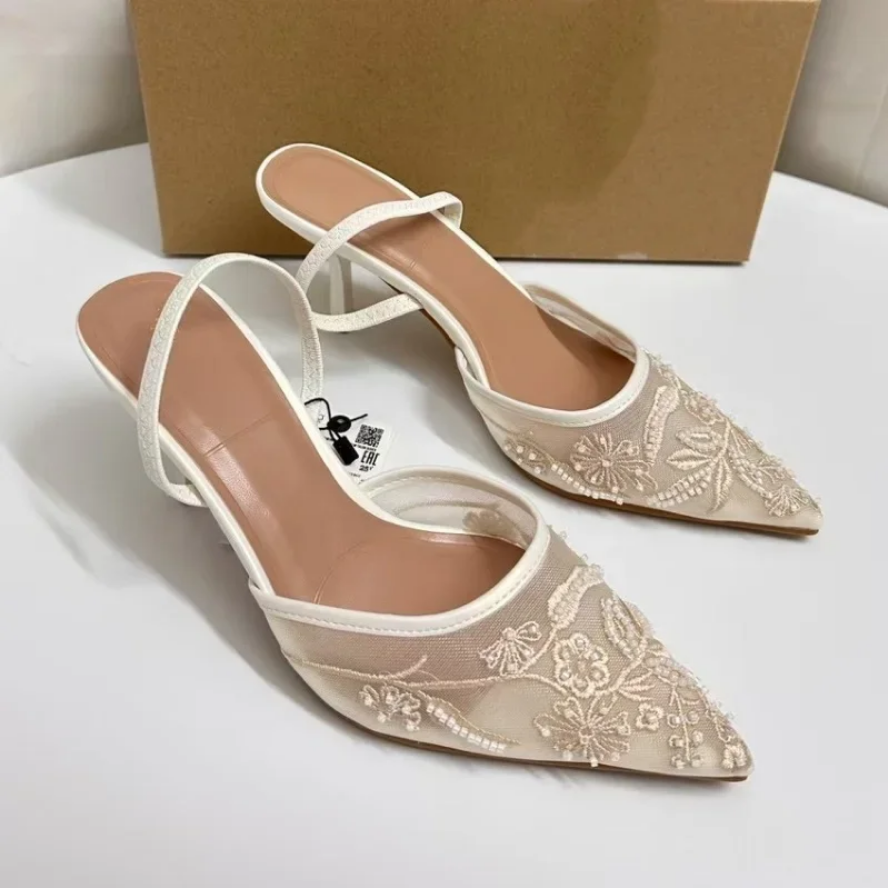 Elegant Pearl & Lace Embellished Slingback Flats