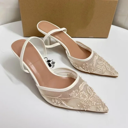 Elegant Pearl & Lace Embellished Slingback Flats