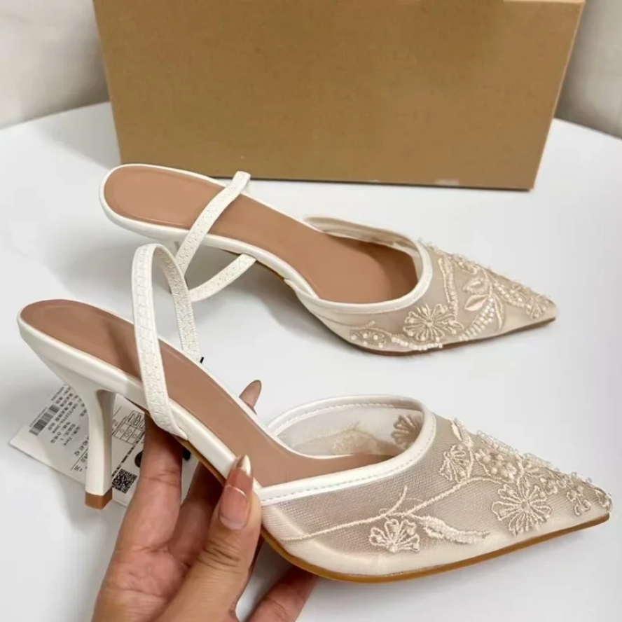 Elegant Pearl & Lace Embellished Slingback Flats