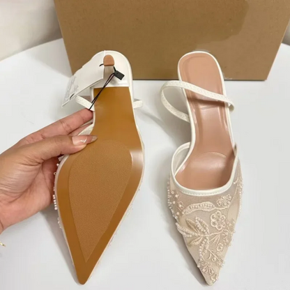 Elegant Pearl & Lace Embellished Slingback Flats