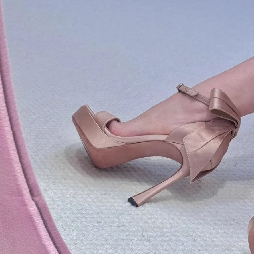 French Romantic Satin Bow Ankle-Wrap Heels