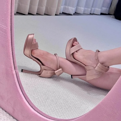 French Romantic Satin Bow Ankle-Wrap Heels