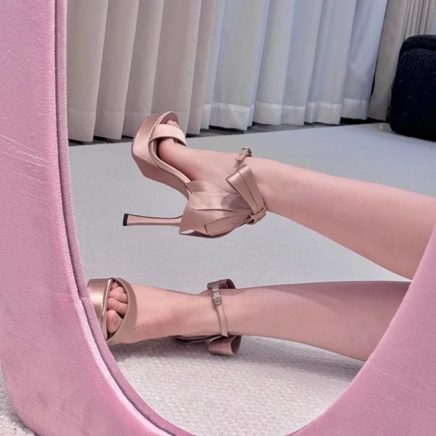French Romantic Satin Bow Ankle-Wrap Heels