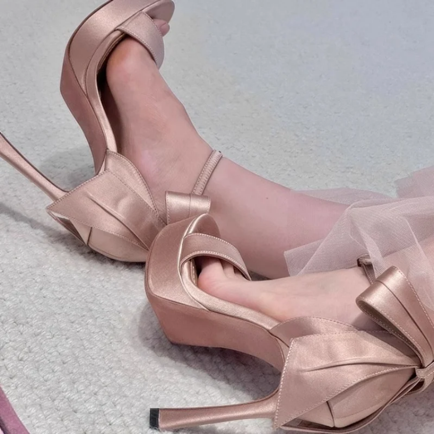 French Romantic Satin Bow Ankle-Wrap Heels