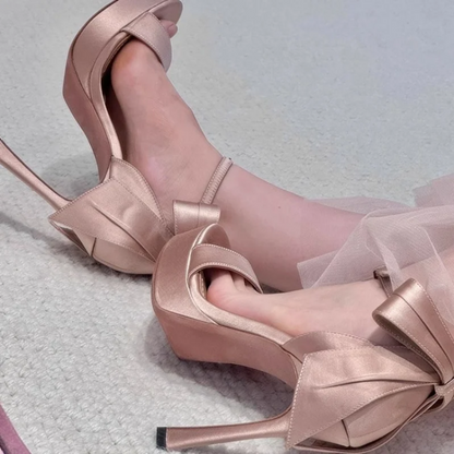 French Romantic Satin Bow Ankle-Wrap Heels