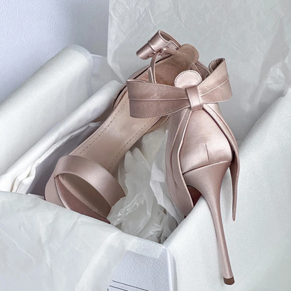 French Romantic Satin Bow Ankle-Wrap Heels