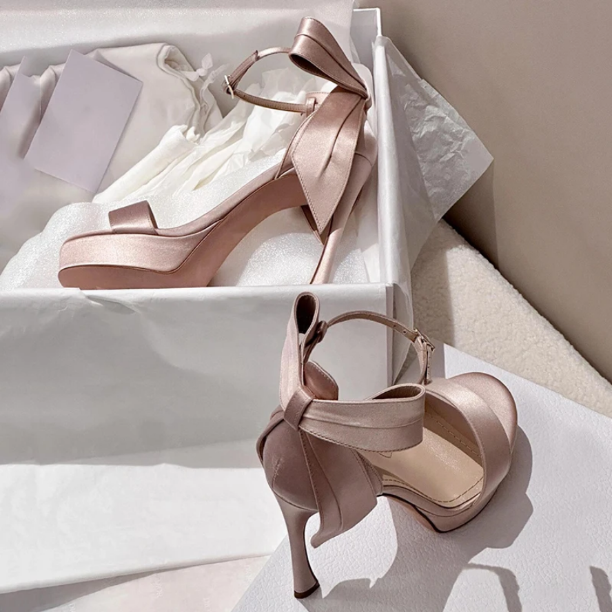 French Romantic Satin Bow Ankle-Wrap Heels