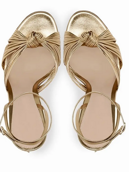 Luxe Metallic Pleated Knot Ankle Strap Heels