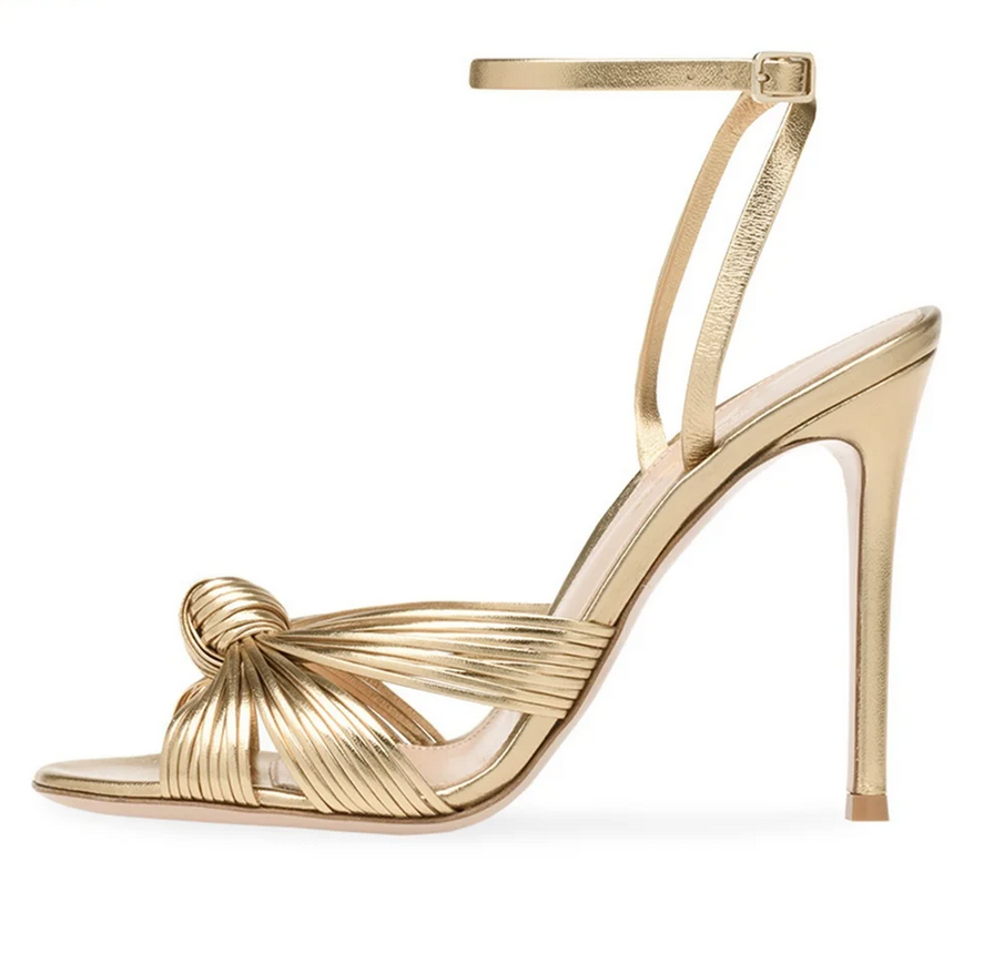 Luxe Metallic Pleated Knot Ankle Strap Heels