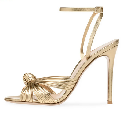 Luxe Metallic Pleated Knot Ankle Strap Heels
