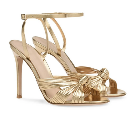Luxe Metallic Pleated Knot Ankle Strap Heels