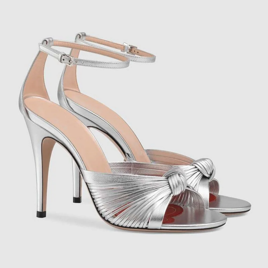 Luxe Metallic Pleated Knot Ankle Strap Heels