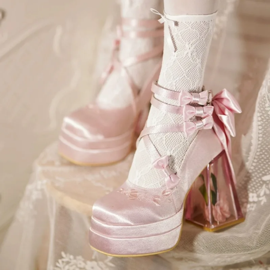 Fairytale Lace-Up Platform Heels with Crystal Clear Heel