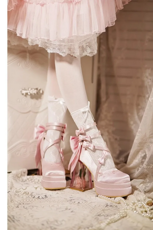 Fairytale Lace-Up Platform Heels with Crystal Clear Heel