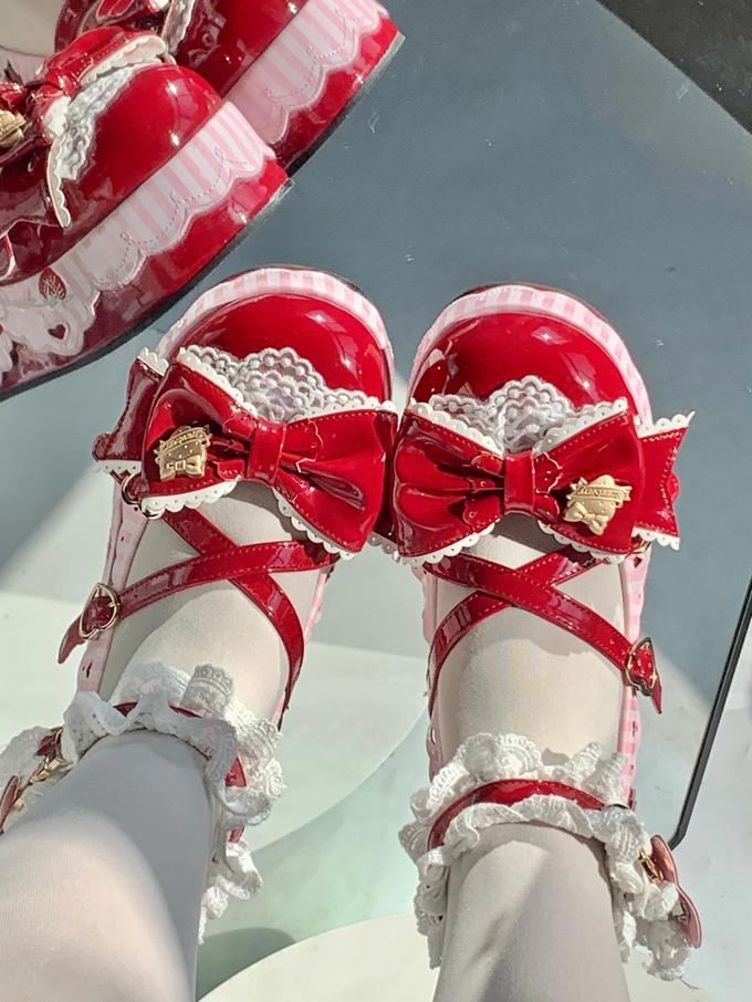 Little Strawberry Lolita Platform Shoes with Lace & Bow