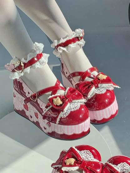 Little Strawberry Lolita Platform Shoes with Lace & Bow