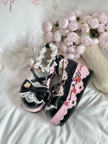 Little Strawberry Lolita Platform Shoes with Lace & Bow