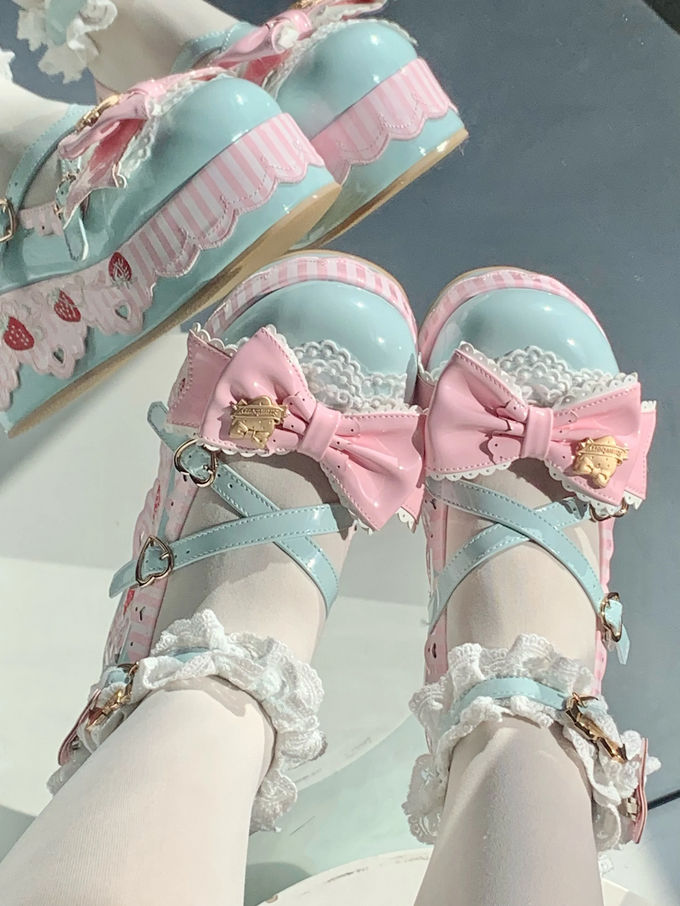 Little Strawberry Lolita Platform Shoes with Lace & Bow