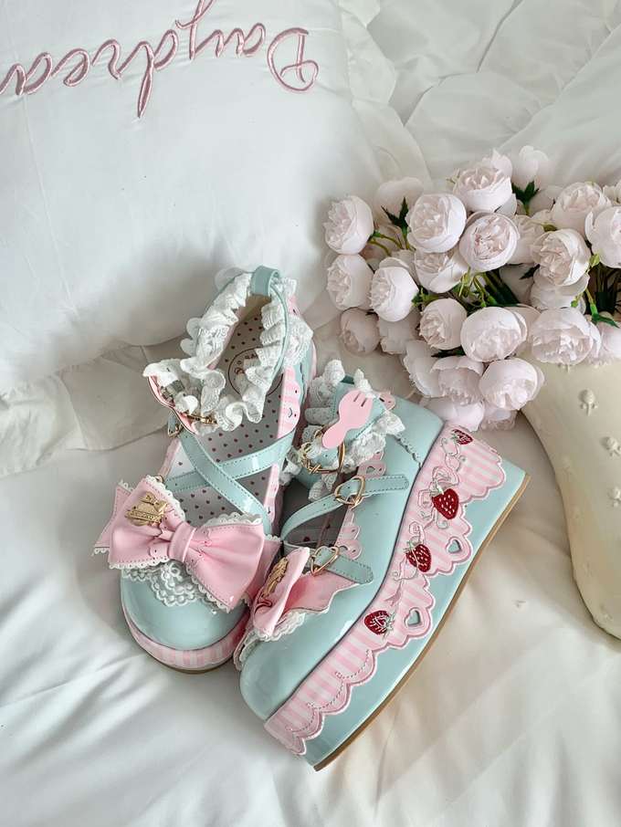 Little Strawberry Lolita Platform Shoes with Lace & Bow