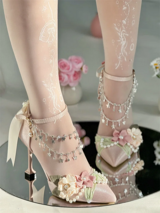 Enchanted Garden Pink Heels with Floral & Crystal Chain Details