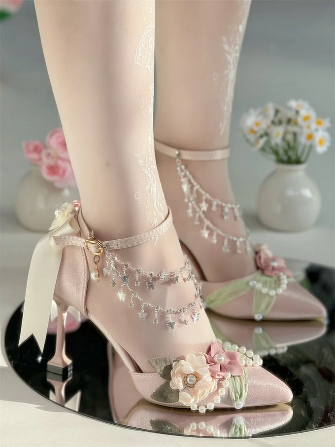 Enchanted Garden Pink Heels with Floral & Crystal Chain Details