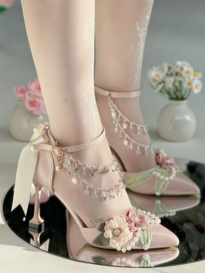 Enchanted Garden Pink Heels with Floral & Crystal Chain Details