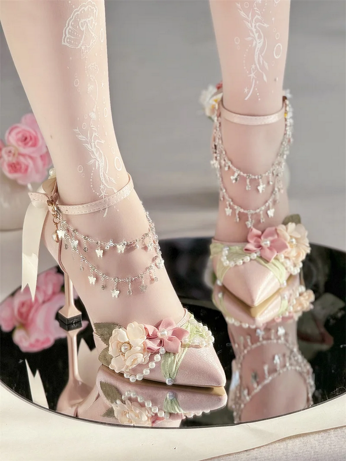 Enchanted Garden Pink Heels with Floral & Crystal Chain Details