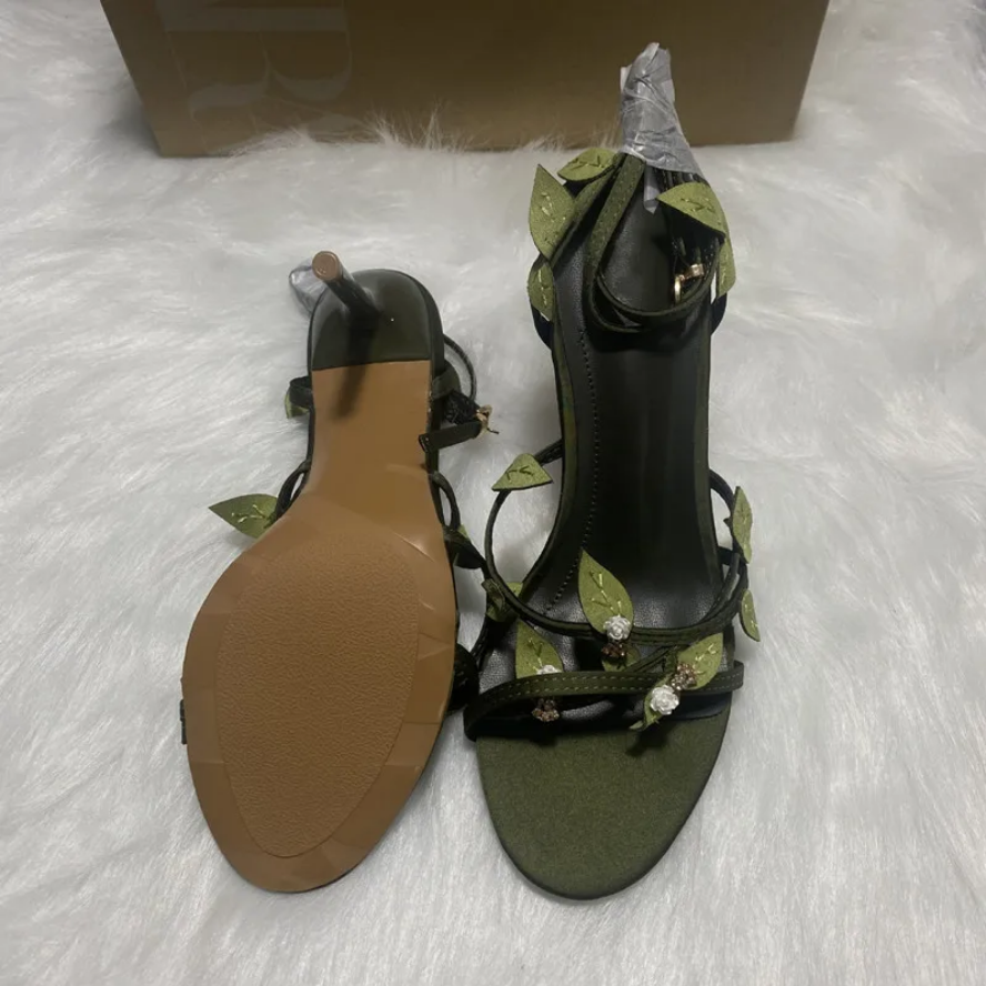 Enchanted Forest Green Heels with Leaf & Crystal Details