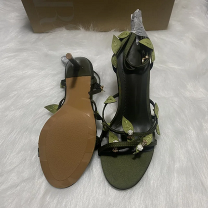 Enchanted Forest Green Heels with Leaf & Crystal Details