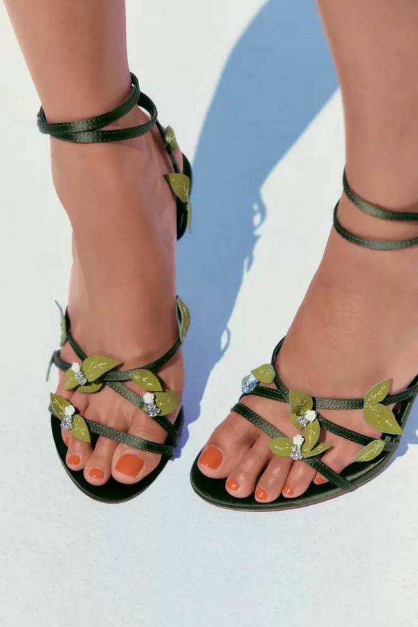 Enchanted Forest Green Heels with Leaf & Crystal Details